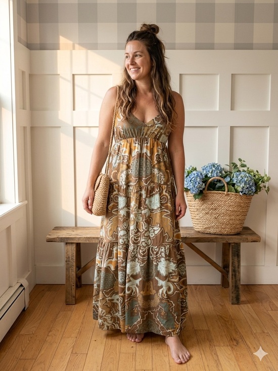 Dresses & Skirts - Sleeveless Brown Floral Tiered Maxi Dress Small
